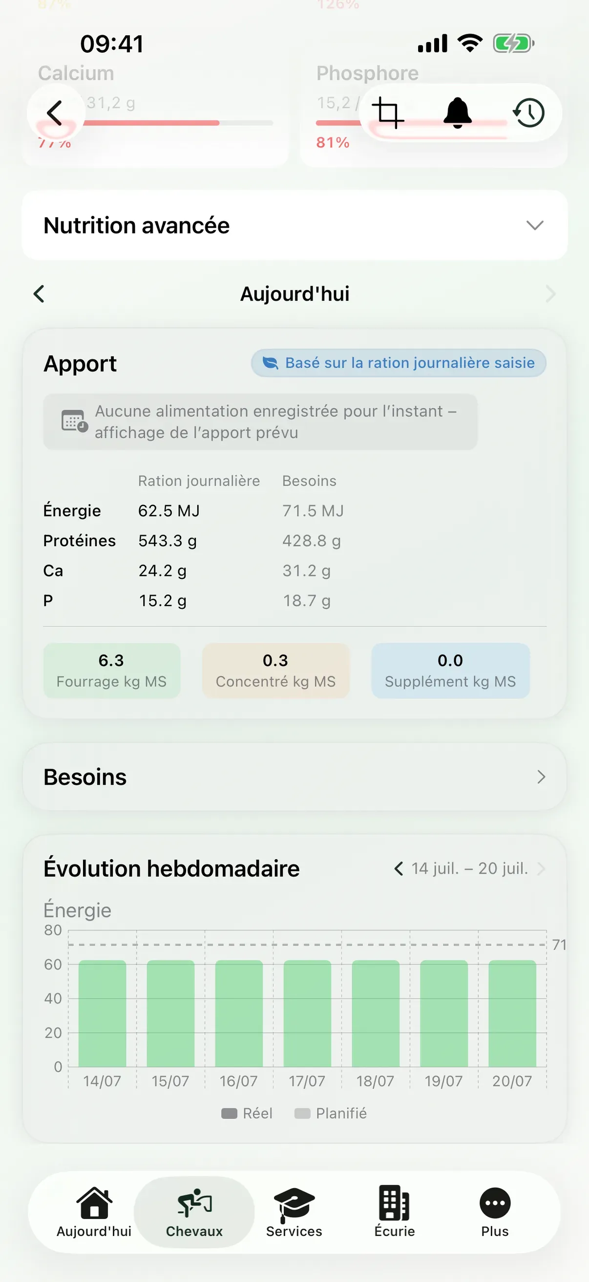 Profil du cheval et alimentation dans l'application EquiDuty