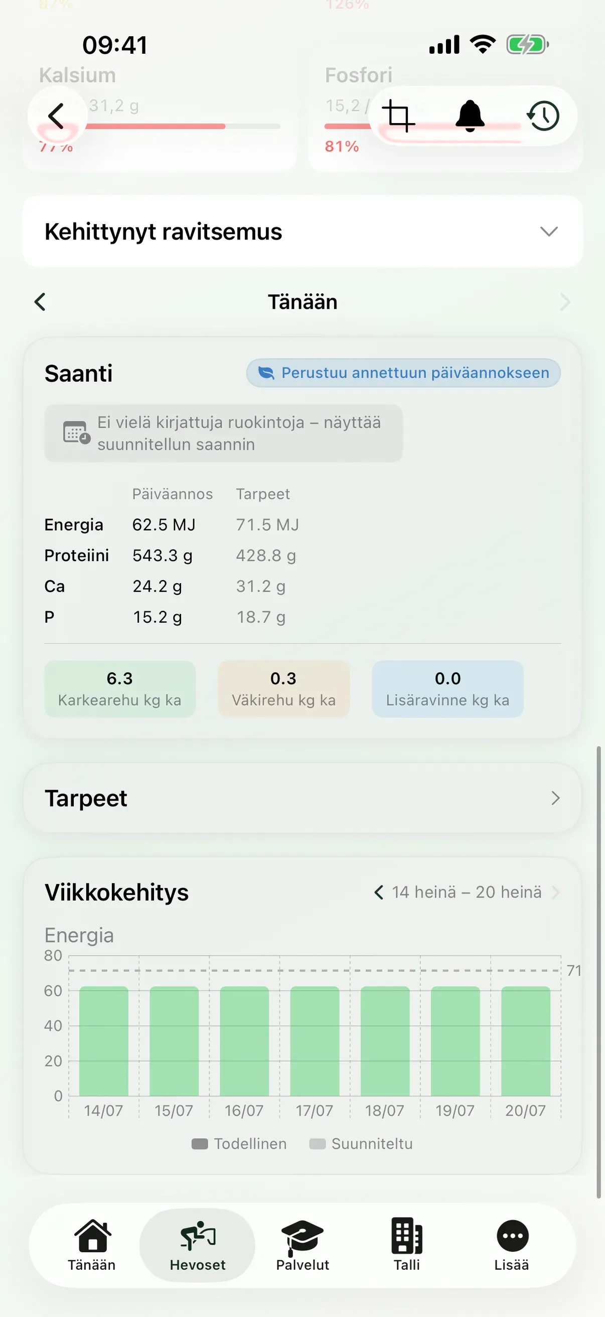 Hevosprofiili ja ruokinta EquiDuty-sovelluksessa