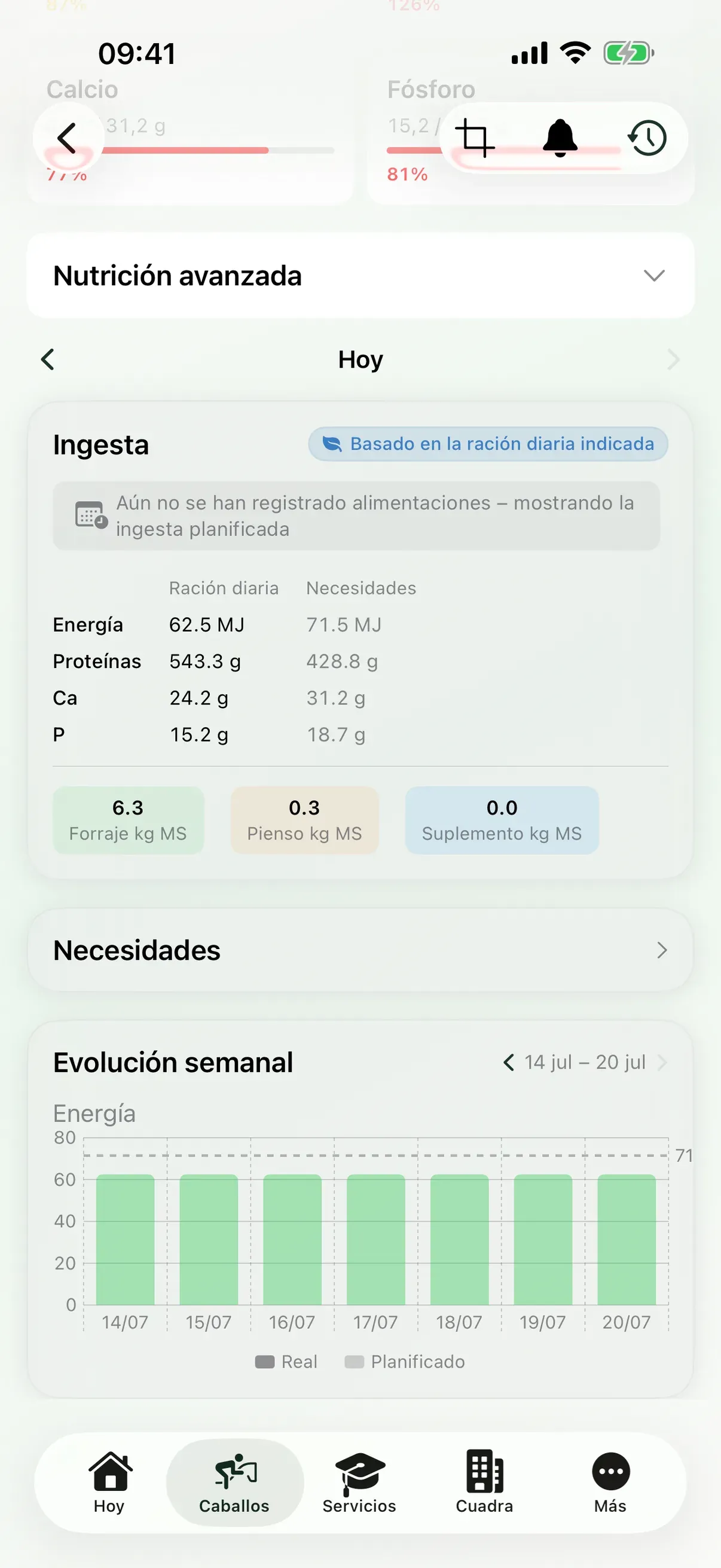 Perfil del caballo y alimentación en la app de EquiDuty