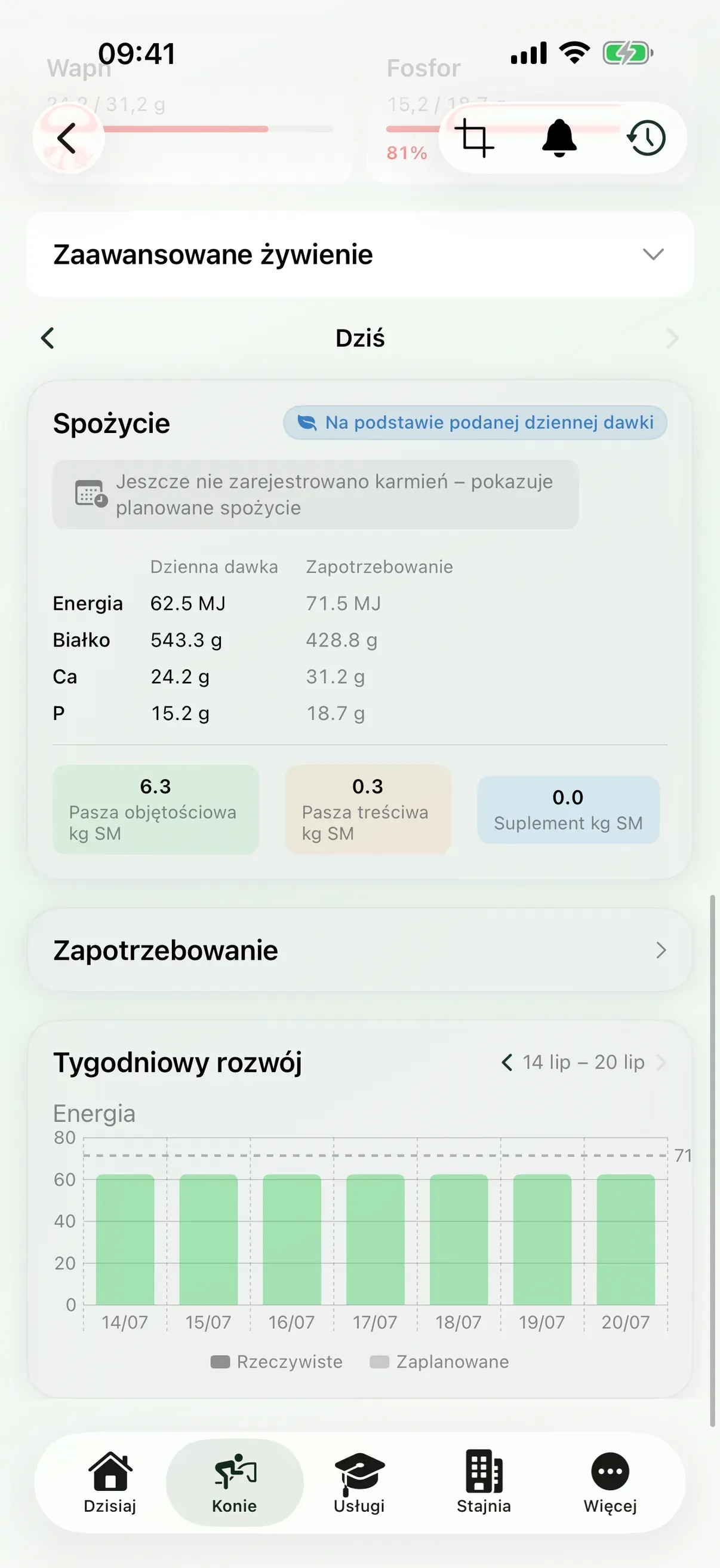 Profil konia i karmienie w aplikacji EquiDuty