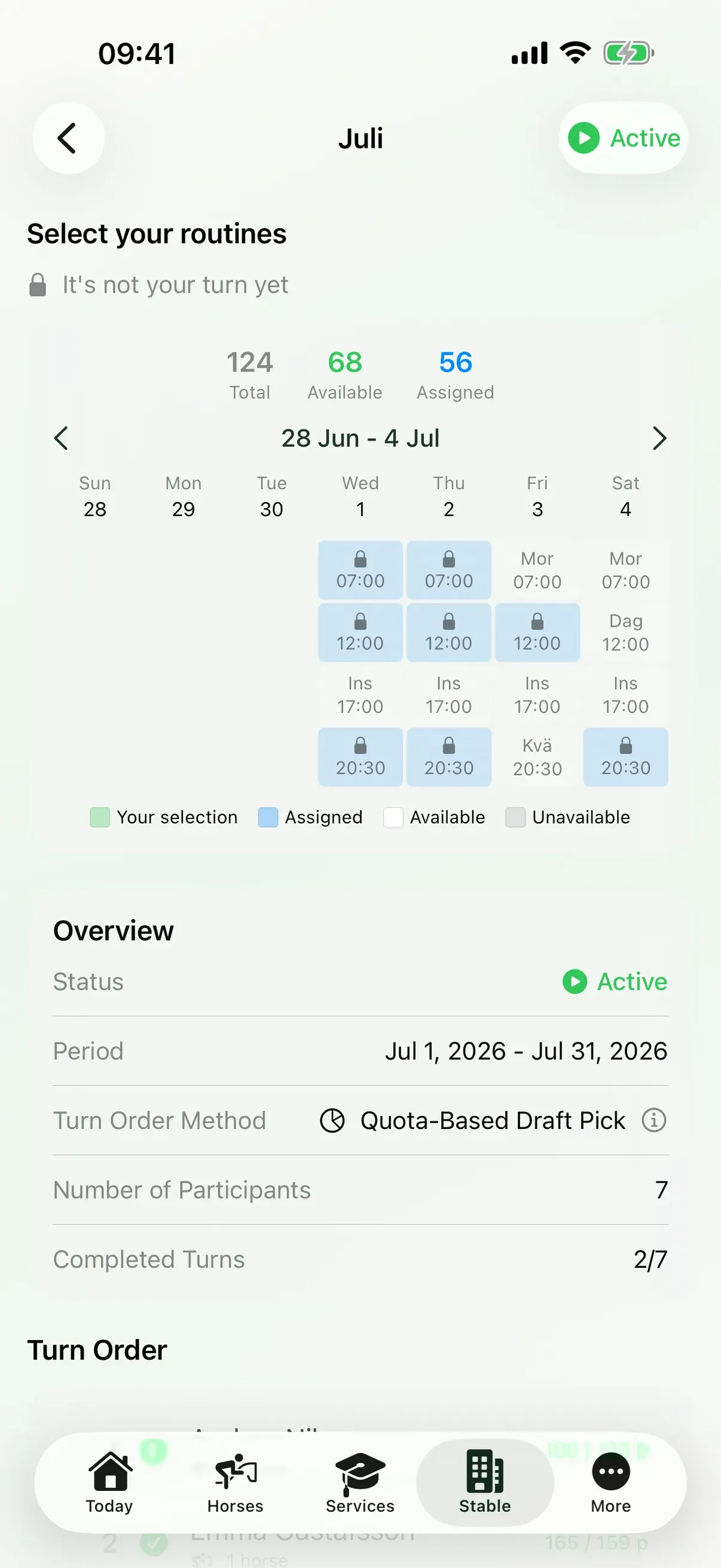 Staff planning calendar in EquiDuty