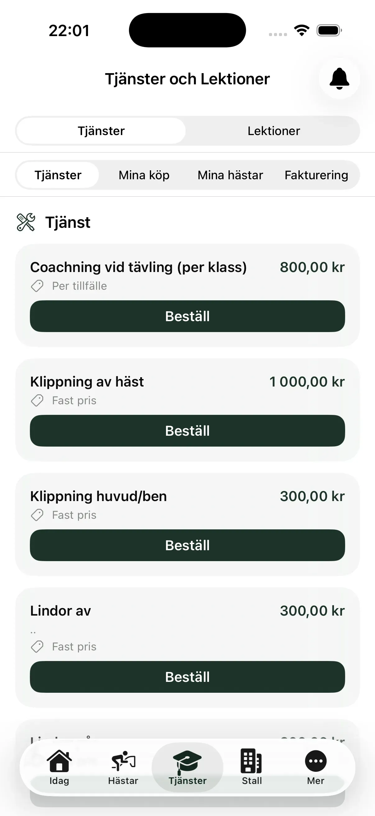 Tjänster och lektioner i EquiDuty-appen