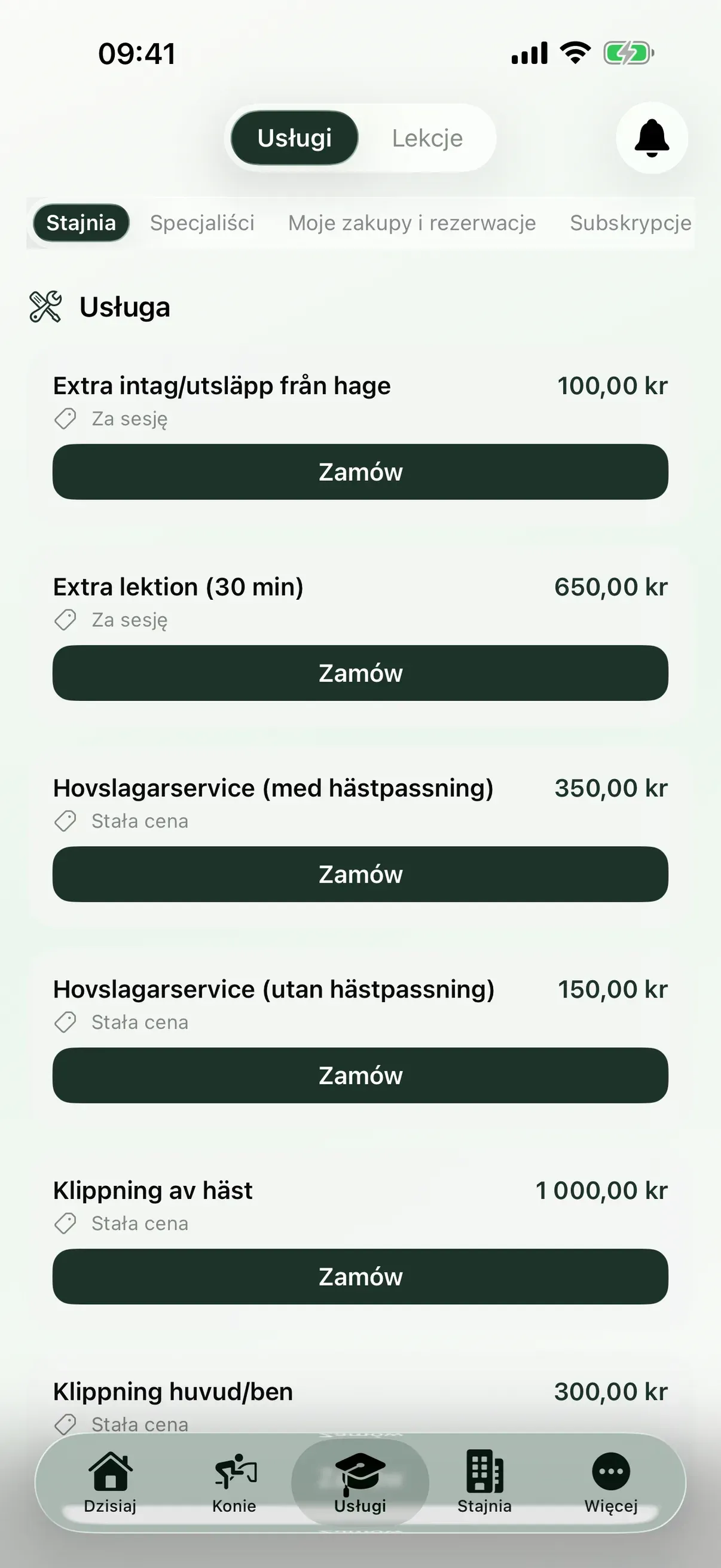 Usługi i lekcje w aplikacji EquiDuty
