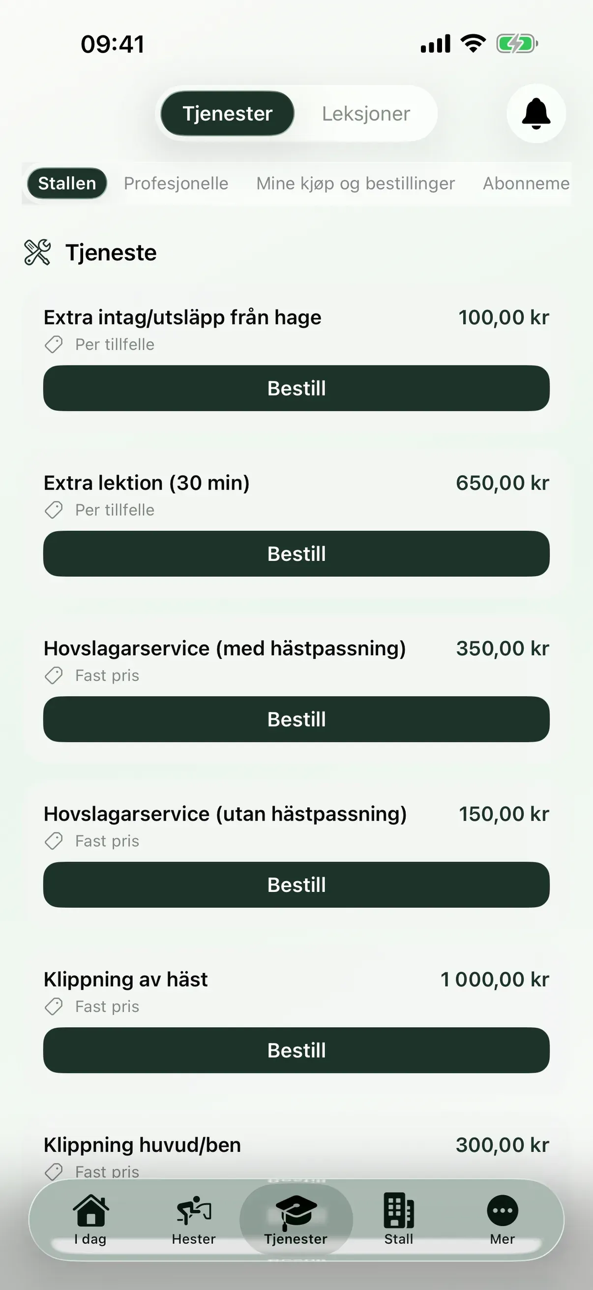 Tjenester og ridetimer i EquiDuty-appen