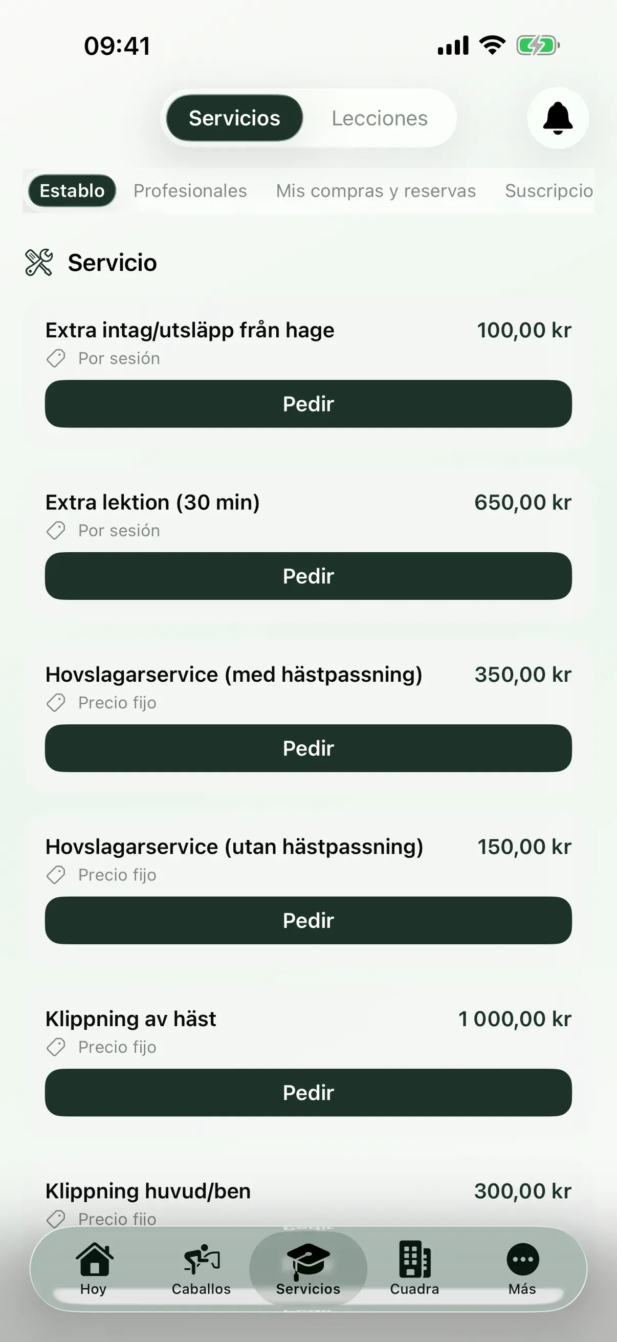 Servicios y lecciones en la app de EquiDuty