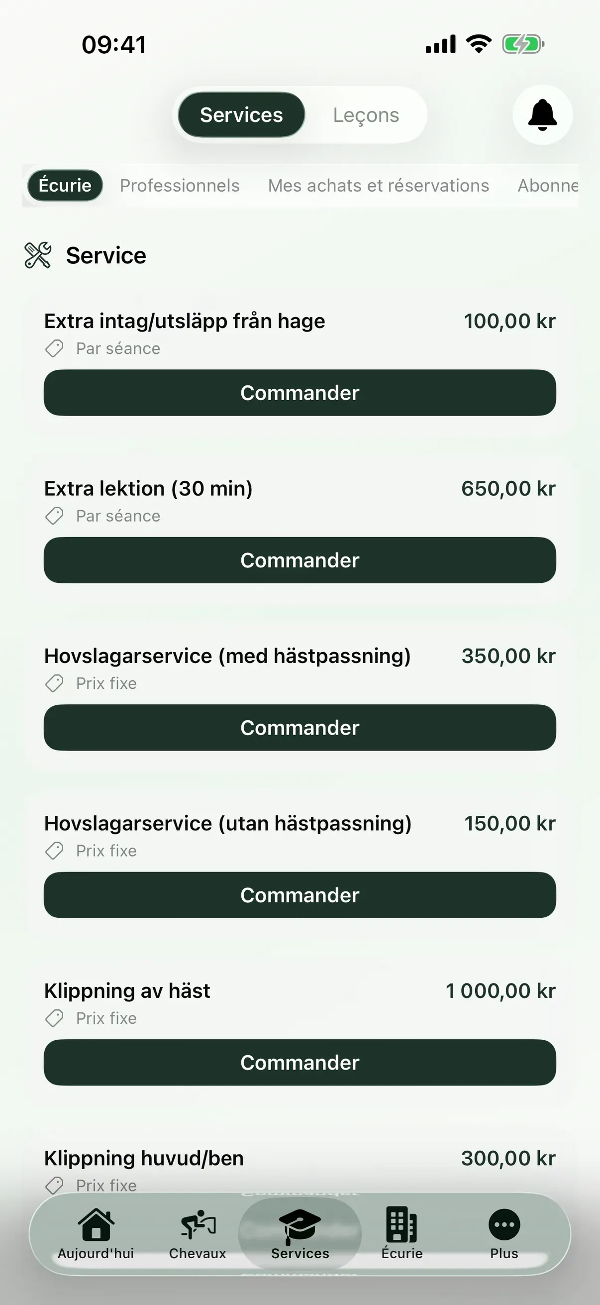 Prestations et leçons dans l'application EquiDuty