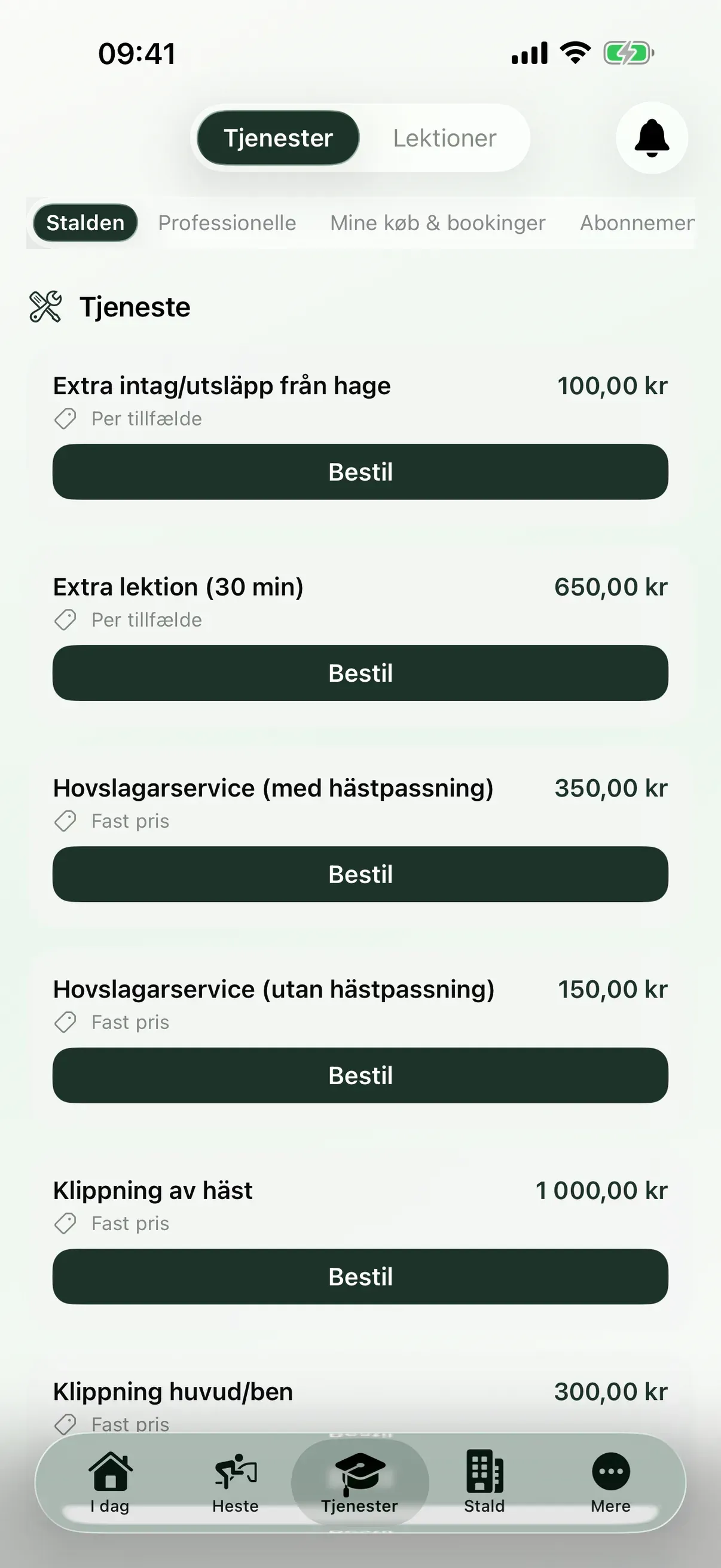 Ydelser og lektioner i EquiDuty-appen