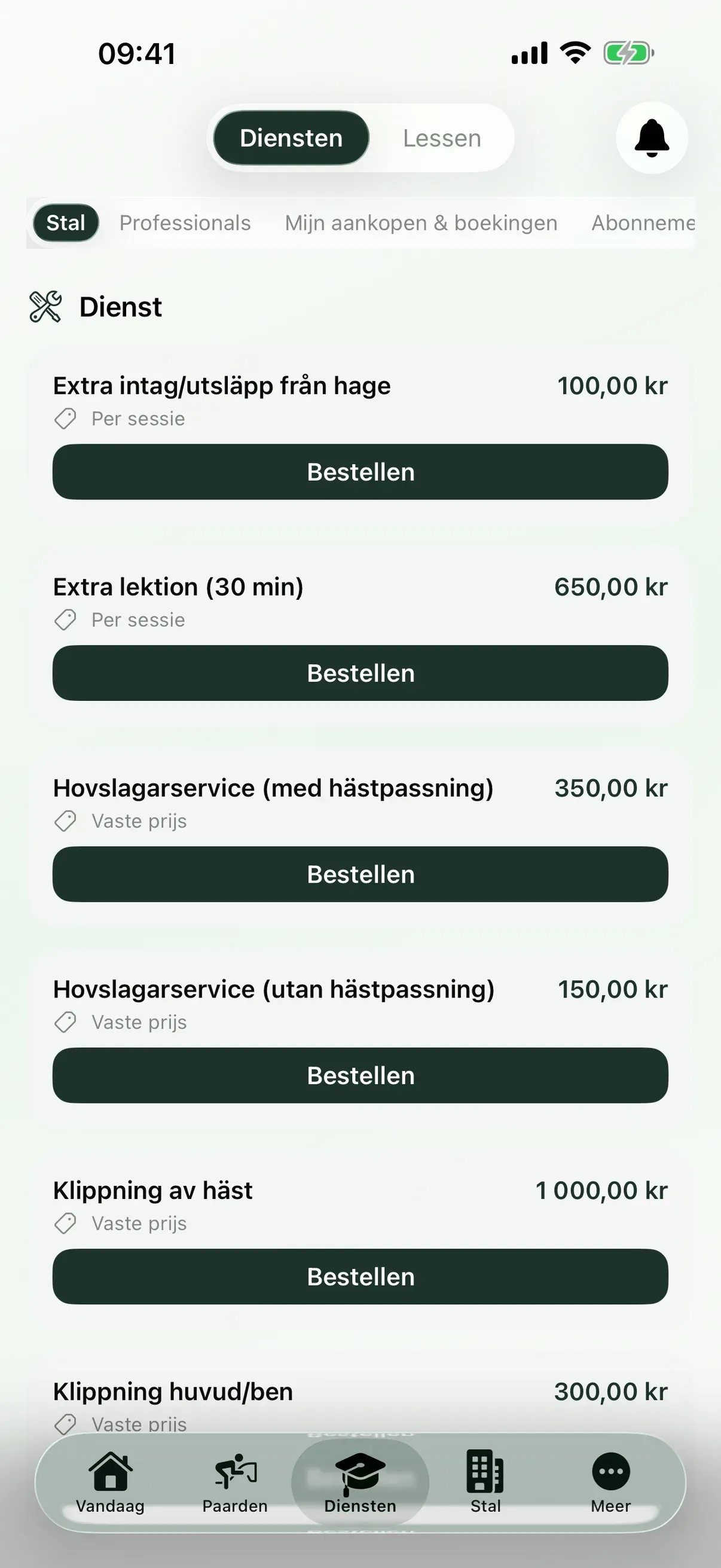Diensten en lessen in de EquiDuty-app