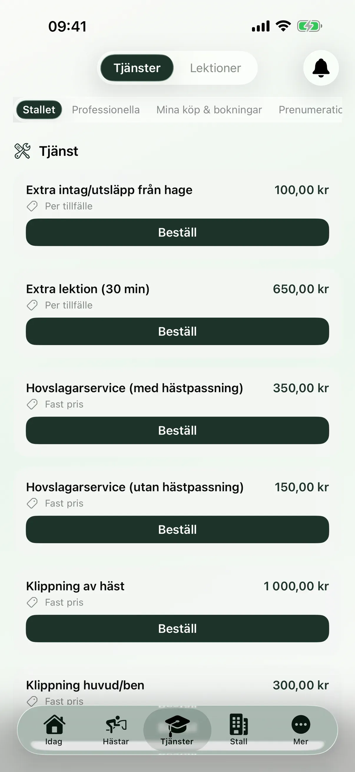 Tjänster och lektioner i EquiDuty-appen