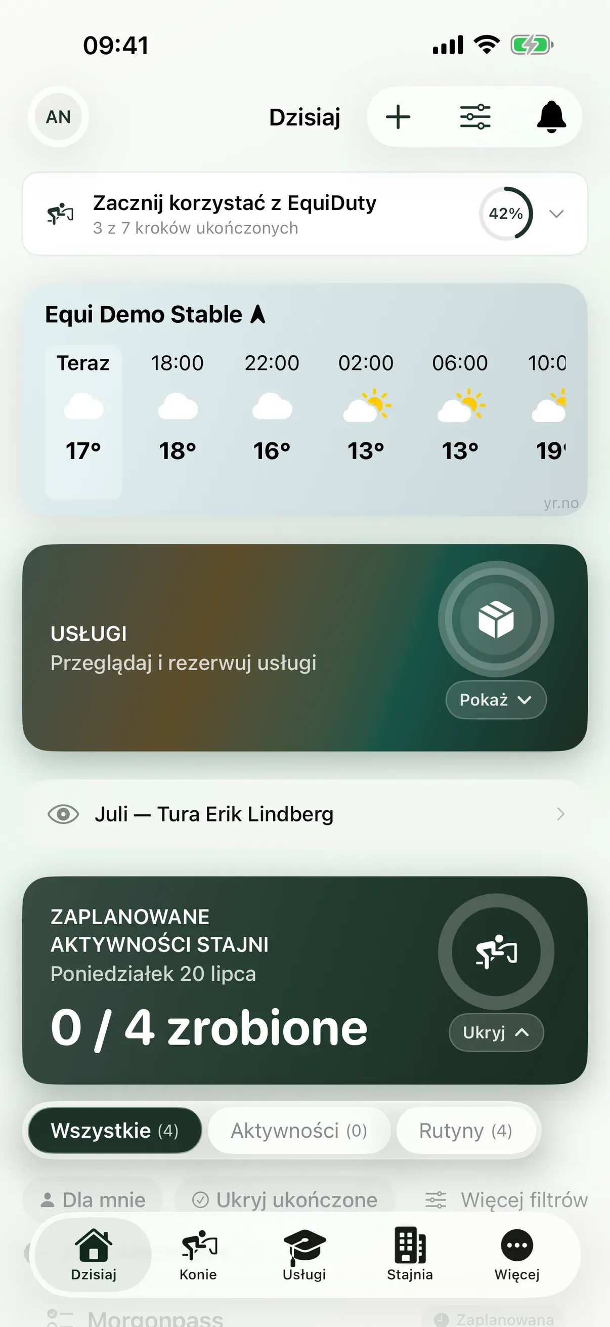 Dzisiejsze rutyny w aplikacji EquiDuty