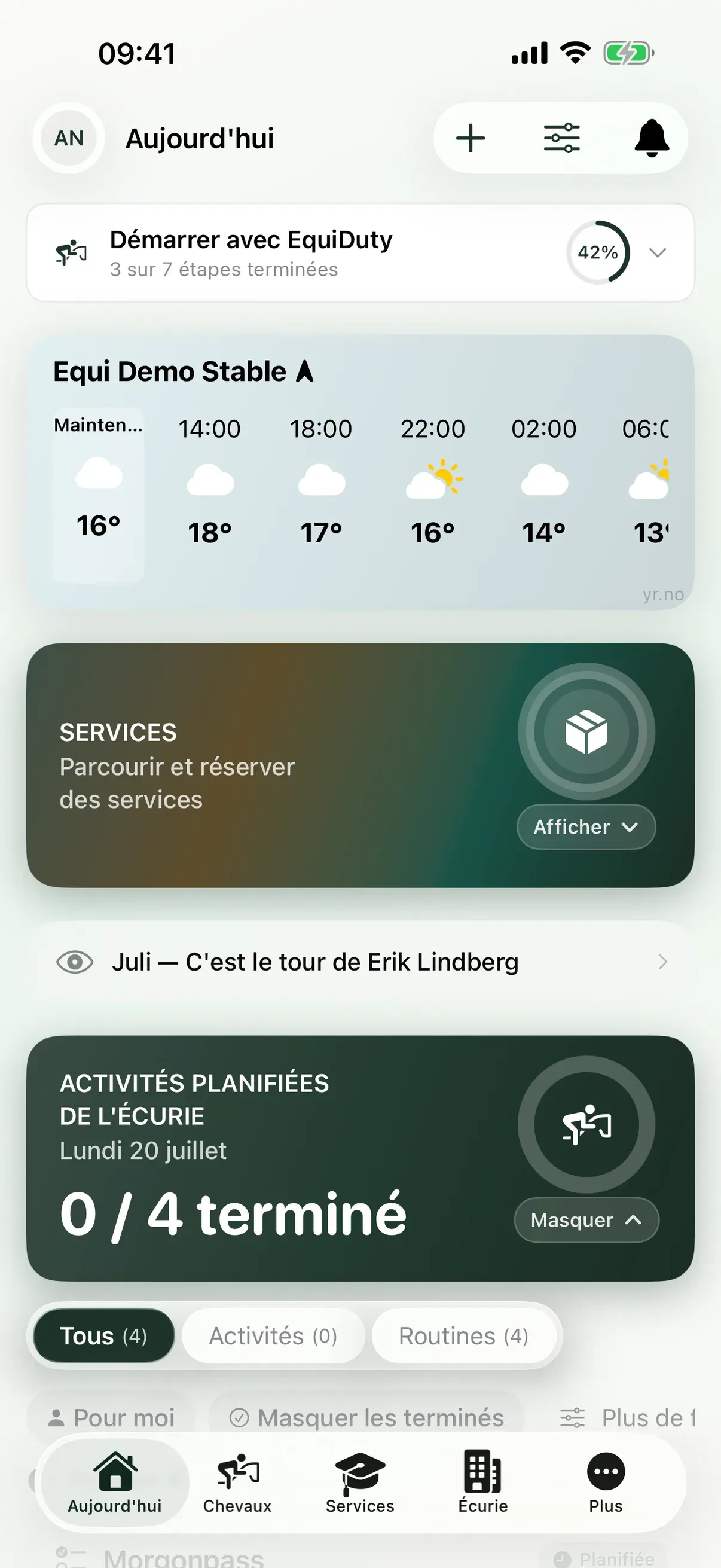 Routines du jour dans l'application EquiDuty