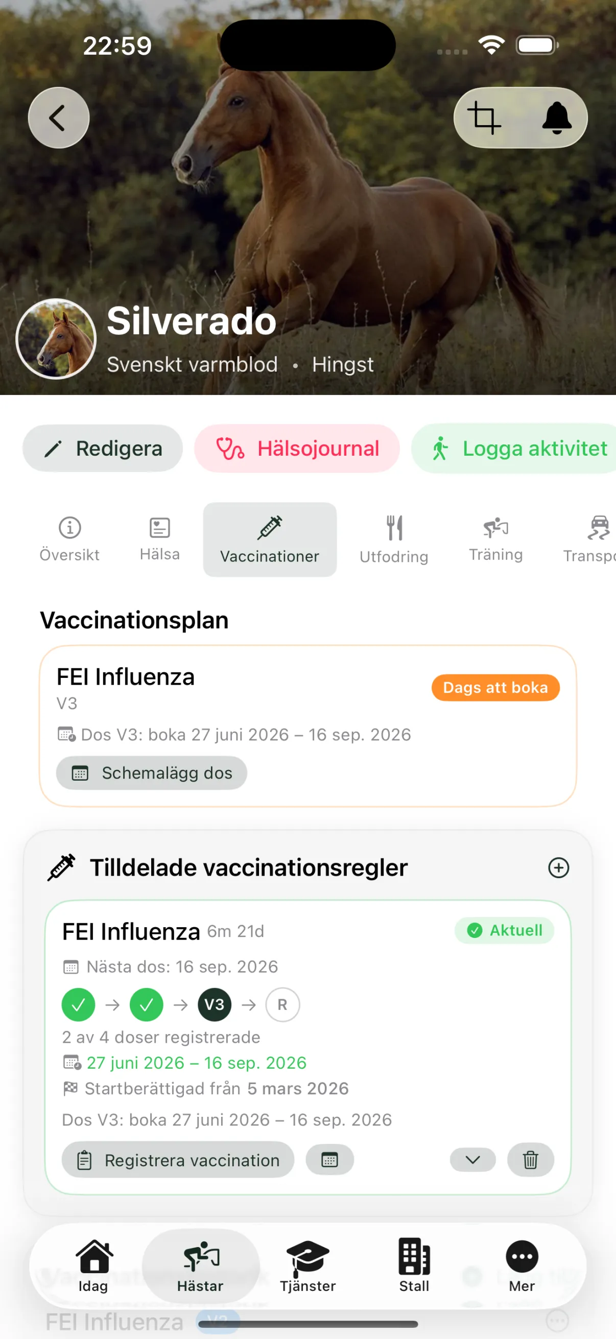 Hästprofil med hälsa och vaccinationer i EquiDuty