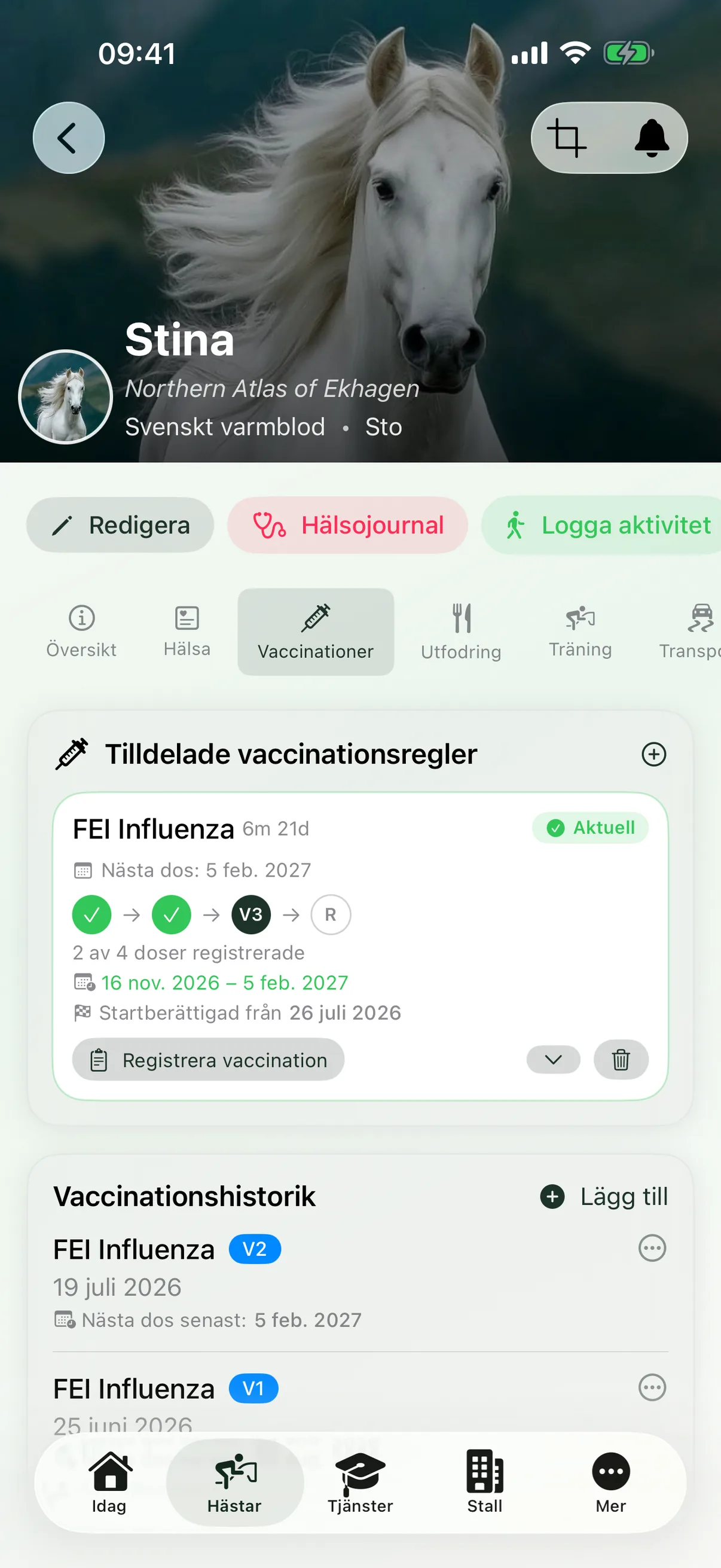 Hästprofil med hälsa och vaccinationer i EquiDuty