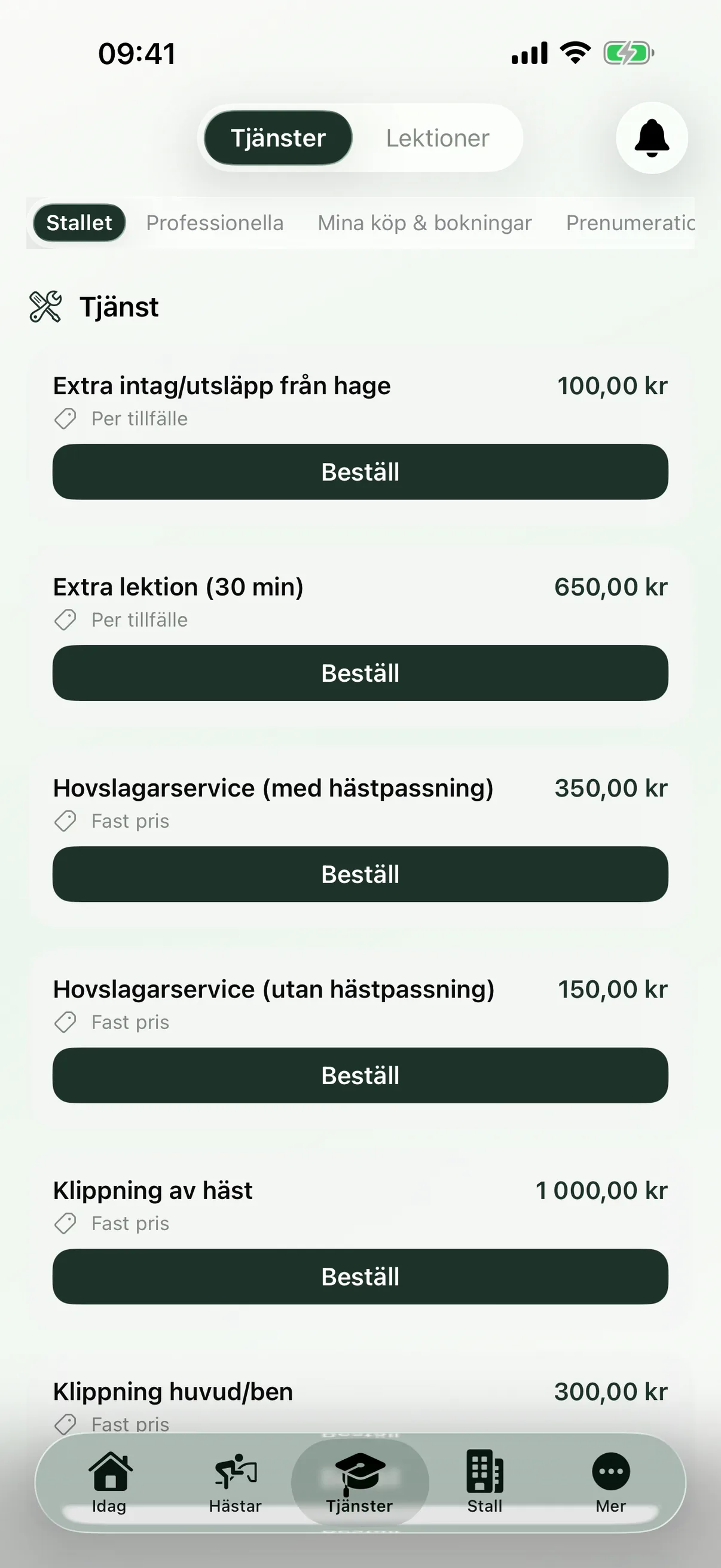 Tjänster med priser som blir debiterbara poster i EquiDuty