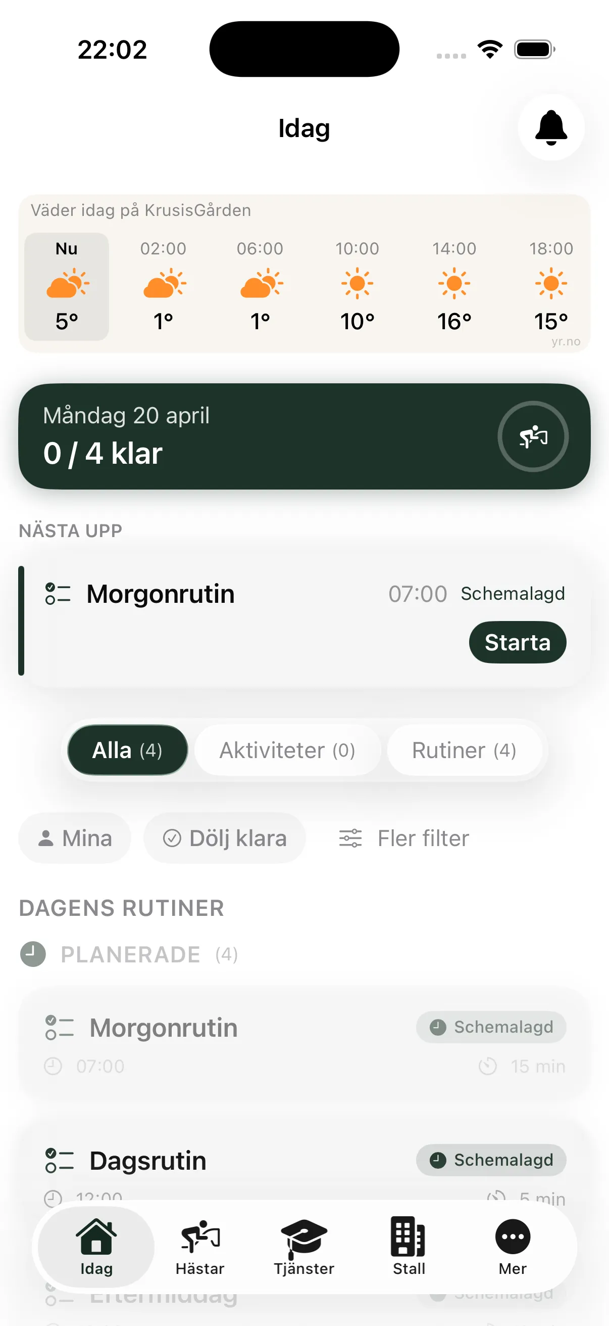 Dina pass och dagens rutiner i EquiDuty-appen